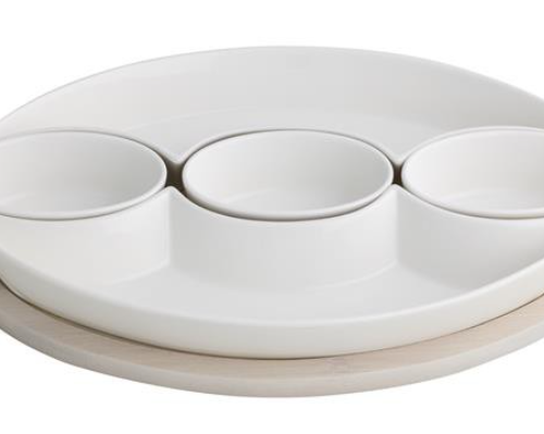 Antipastiera Treccia Porcellana Bianca con Supporto Bamboo Naturale BRANDANI GIFT