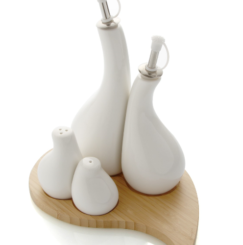 Menage Goccia Set 4 Pezzi in Porcellana Bianca con Supporto in Bamboo BRANDANI GIFT