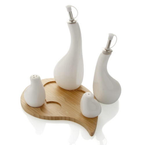 Menage Goccia Set 4 Pezzi in Porcellana Bianca con Supporto in Bamboo BRANDANI GIFT