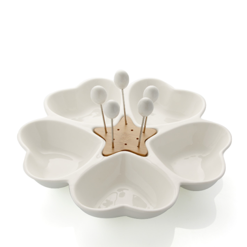 Anipastiera Mille Cuori in Porcellana Bianca e Bamboo con 5 Forchettine in Acciaio Inox BRANDANI GIFT