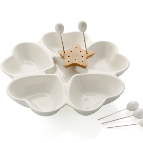 Anipastiera Mille Cuori in Porcellana Bianca e Bamboo con 5 Forchettine in Acciaio Inox BRANDANI GIFT