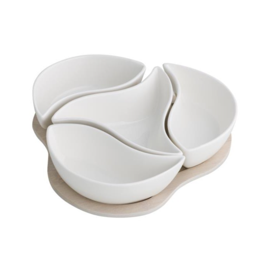 Antipastiera Trifoglio Porcellana Bianca C/supporto Bamboo Naturale BRANDANI GIFT