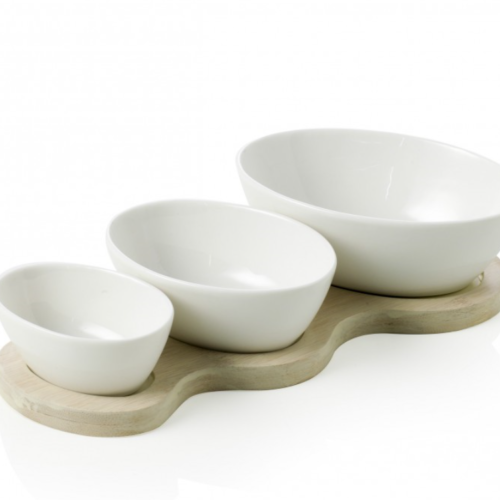 Antipastiera Galassia in Porcellana Bianca Con Supporto in Bamboo Naturale Brandani Gift