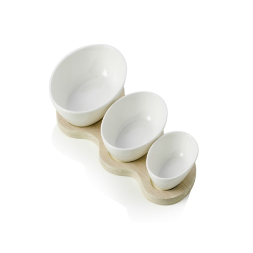 Antipastiera Galassia in Porcellana Bianca Con Supporto in Bamboo Naturale Brandani Gift