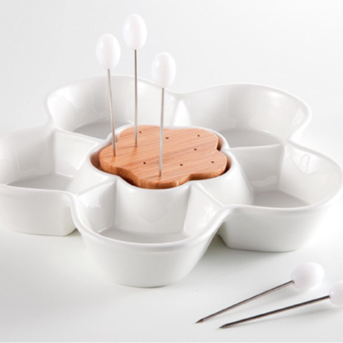 Antipastiera margherita in porcellana bianca e supporto bamboo con 5 forchettine acciaio inox Brandani Gift