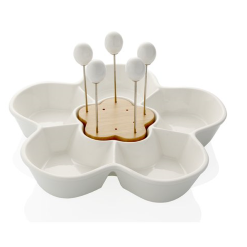 Antipastiera margherita in porcellana bianca e supporto bamboo con 5 forchettine acciaio inox Brandani Gift