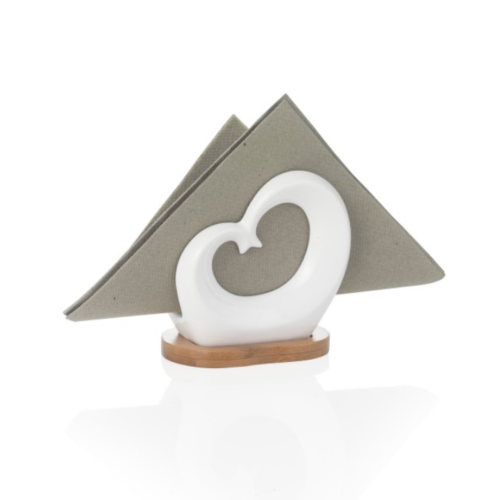 Portatovaglioli Doppiocuore In Porcellana Bianca Con Supporto In Bamboo Brandani