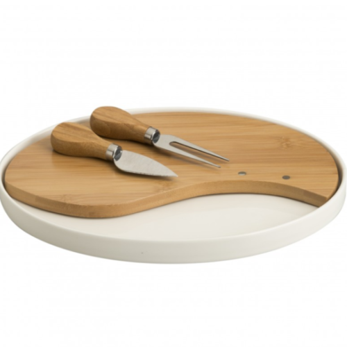 Tagliere Formaggio In Porcellana E Bamboo Con 2 Coltelli Formaggio In Acciaio Inox Brandani