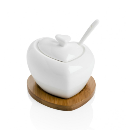 Zuccheriera Tuttocuore in Porcellana Bianca Con Cucchiaino E Con Supporto in Bamboo Brandani