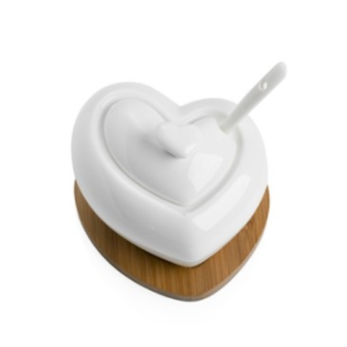 Zuccheriera Tuttocuore in Porcellana Bianca Con Cucchiaino E Con Supporto in Bamboo Brandani