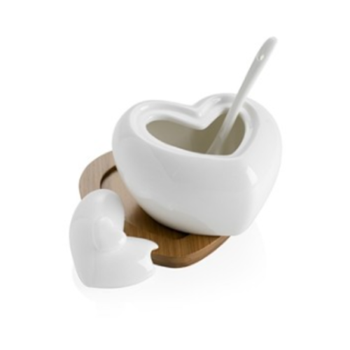Zuccheriera Tuttocuore in Porcellana Bianca Con Cucchiaino E Con Supporto in Bamboo Brandani