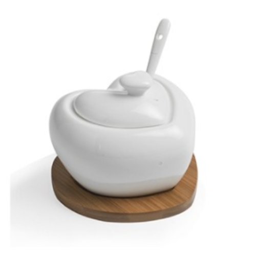 Zuccheriera Tuttocuore in Porcellana Bianca Con Cucchiaino E Con Supporto in Bamboo Brandani