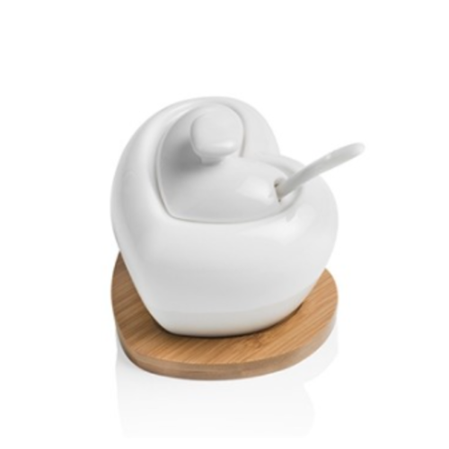 Zuccheriera Tuttocuore in Porcellana Bianca Con Cucchiaino E Con Supporto in Bamboo Brandani