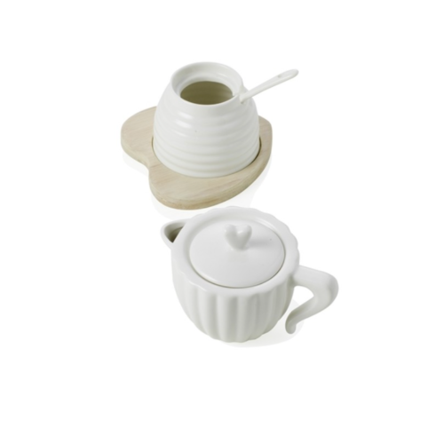 Zuccherosa in Porcellana Bianca Con Supporto in Bamboo Naturale Brandani