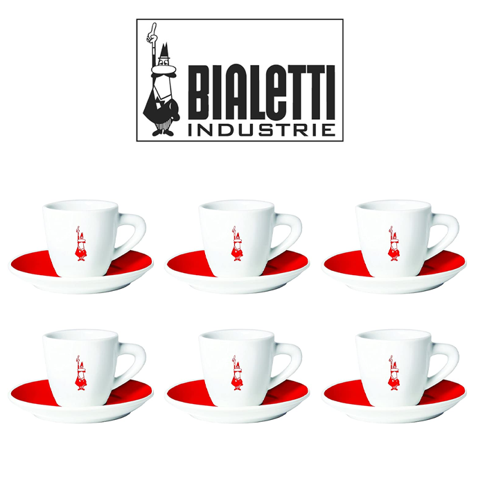 Bialetti Set 6 Tazzine Caffè Con Piattino Istituzionali Rosse